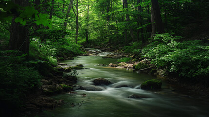 Obraz premium Long exposure of a stream flowing through a green forest