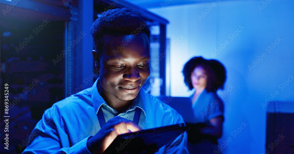 Aufkleber Man, tablet and server room at night for technology, maintenance in dark data center with neon. Male person, digital information and cloud computing with app, network programming or problem solving
