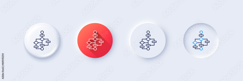 Poster block diagram line icon. neumorphic, red gradient, 3d pin buttons. path scheme sign. algorithm symbo