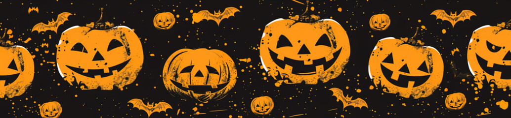 A black and orange Halloween banner with pumpkins and bats. Dark background.