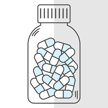 recommend clip art: Medicine linear container with blue and white pills. Tablets bottle icon