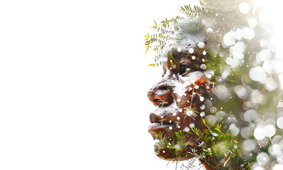 Close-up of an aboriginal's face. Portrait of a man and a woman in connection with nature.Double exposure.The concept of earth day, environmental problems. Indigenous peoples