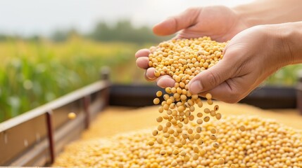 A farmers hand holds a handful of harvested soybeans, with a large pile of soybeans in the background