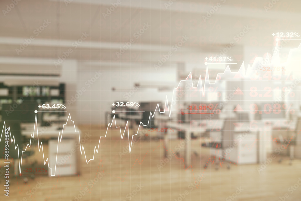 Aufkleber multi exposure of abstract virtual financial graph hologram on a modern furnished office background,