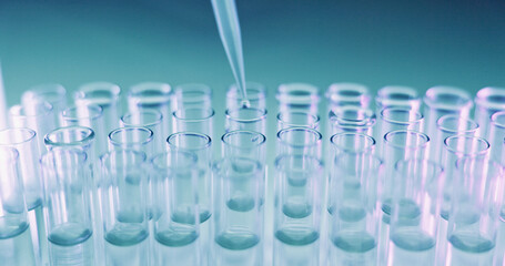 Healthcare, science and pipette with glass tube in lab for chemical sample, research or investigation. Medicine, innovation and dropper with equipment for chemistry study, development or medical exam