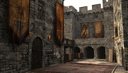 Obraz premium Medieval Castle Courtyard: A historical castle courtyard setting with stone walls, drawbridges, and medieval tapestries