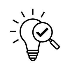 Lightbulb with magnifying glass and checkmark, bright idea search icon vector
