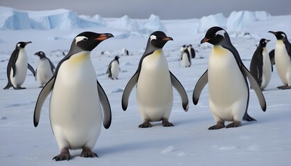 Obraz premium In icy Antarctica penguins dance and thrive, defying the harshness of their environment with their resilient spirits 