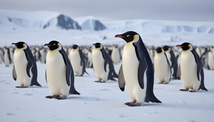 Obraz premium In icy Antarctica penguins dance and thrive, defying the harshness of their environment with their resilient spirits 
