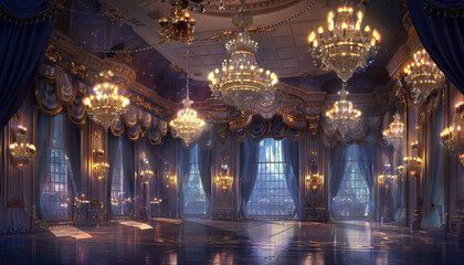 Obraz premium Enchanted Castle Ballroom: A fairy tale castle ballroom adorned with grand chandeliers, opulent draperies, and sparkling crystal accents