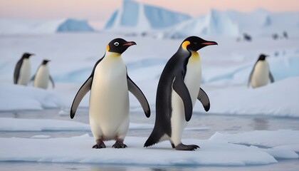 Obraz premium In icy Antarctica penguins dance and thrive, defying the harshness of their environment with their resilient spirits 