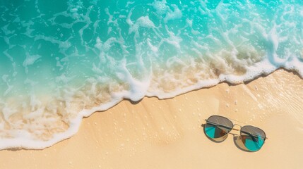 Fototapeta premium A beach holiday banner with a clean layout showcasing one pair of sunglasses and some text space for advertising. Travel, summer vacation concept. 