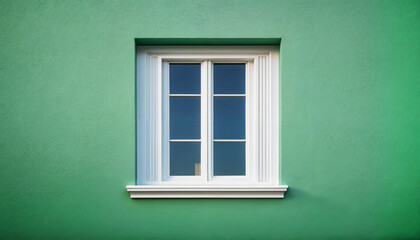 Fototapeta premium White window on an empty green wall. Window on the facade of the house