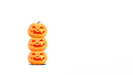 Jack o lanterns on white background with copy space. Halloween pumpkins smiles on Halloween backdrop