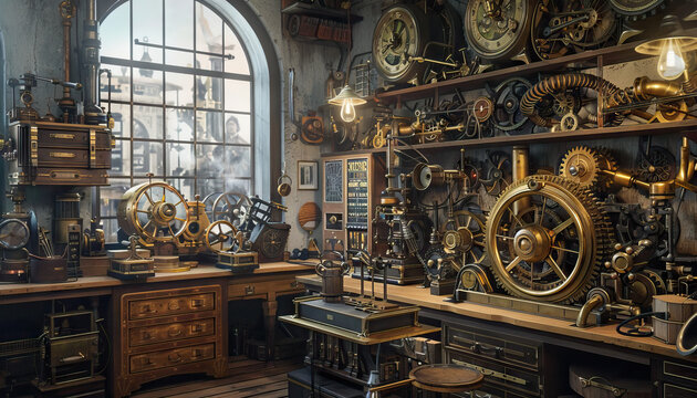 Steampunk Workshop: A steampunk-inspired workshop with brass gadgets, gear mechanisms, and Victorian-era machinery.