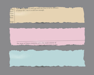 Vector realistic color pieces of newspaper with shadow on transparent background.