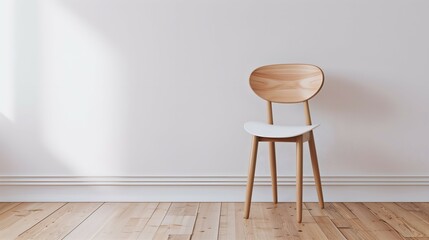 Modern Wooden Chair with White Seat Against a White Wall with Copy Space