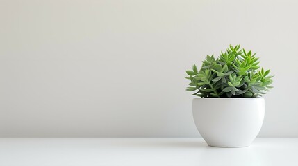 Green Succulent Plant in White Pot on a White Table Against a White Wall