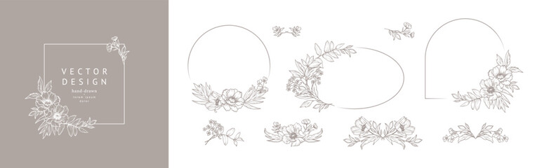 Luxury floral frames with flowers, branches and leaves. Flower wreath in line art style. Vintage hand drawn vector for decoration of wedding invitation, card, logo, label, branding, save the date © Victory