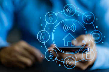 Human manage home remotely futuristic depiction of smart home technology, security and home...