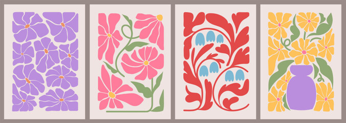 Set of abstract flower posters. Trendy botanical wall arts with floral design in retro tone colors. Modern naive groovy interior decorations, paintings. Vector art illustration.