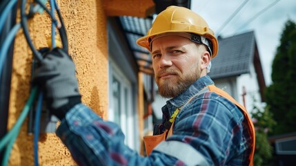 Electrician expertly handling cables on a construction site during house reconstruction. Skillfully repairing household lighting fixtures.