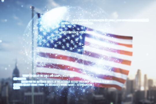 Multi exposure of abstract graphic coding sketch and world map on US flag and skyline background, big data and networking concept
