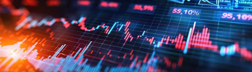 Close-up of a digital stock market chart showing financial data with colorful graphs and numbers under a glowing effect.