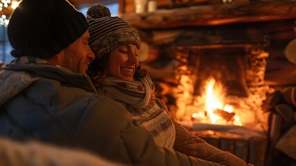 Naklejka premium Cozy couple enjoying a warm fire in a rustic cabin, dressed warmly in scarves and hats, sharing a joyful moment.