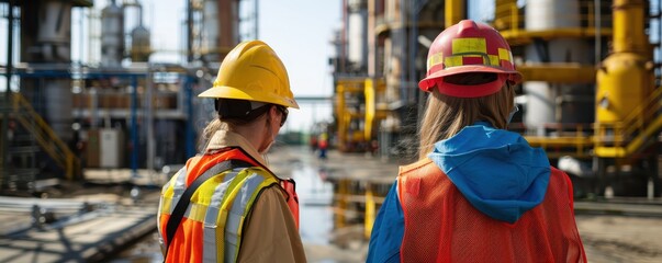 Construction workers wearing safety gear oversee site progress with industrial machinery in the background on a sunny day.