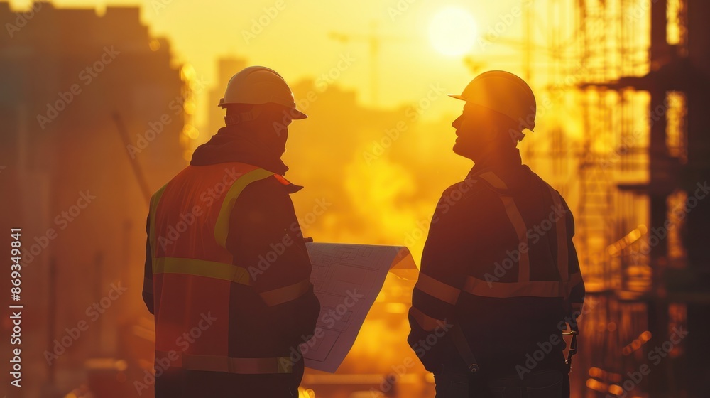 Poster engineers in silhouette, analyzing blueprints in the soft glow of sunset through hazy construction s