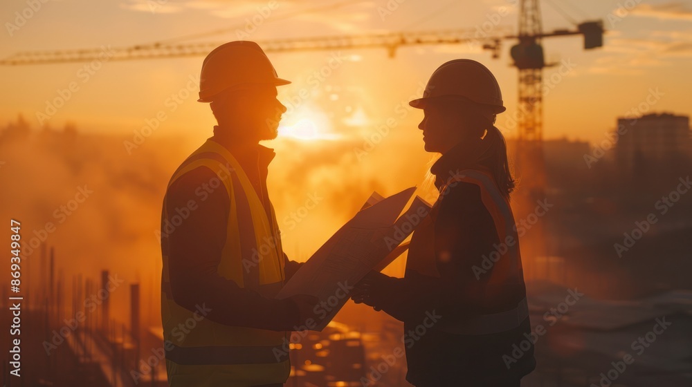 Poster engineers in silhouette, analyzing blueprints in the soft glow of sunset through hazy construction s