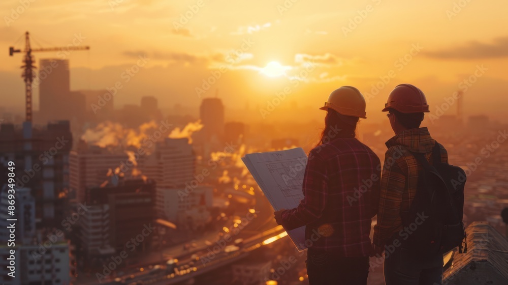 Poster engineers in silhouette, analyzing blueprints in the soft glow of sunset through hazy construction s
