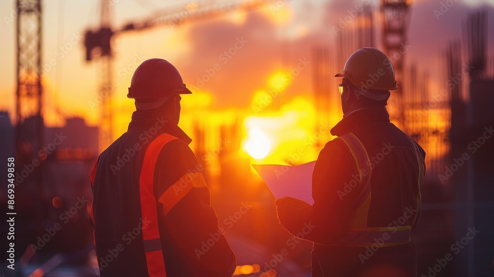 Poster engineers in silhouette, analyzing blueprints in the soft glow of sunset through hazy construction s