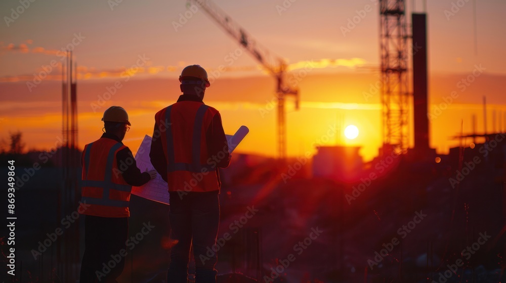Poster engineers in silhouette, analyzing blueprints in the soft glow of sunset through hazy construction s