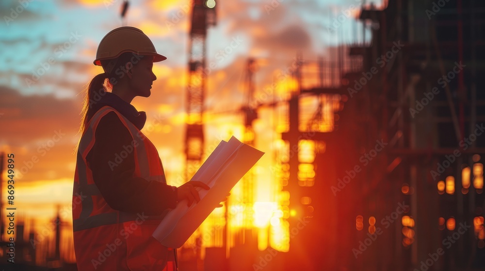 Poster engineers in silhouette, analyzing blueprints in the soft glow of sunset through hazy construction s
