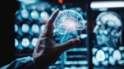 futuristic digital x-ray of a brain in doctor hand, Ai, Technology, Human Brain, Doctors photography