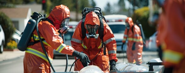 Emergency response team in hazmat suits handling a hazardous situation on a suburban street, ensuring community safety.