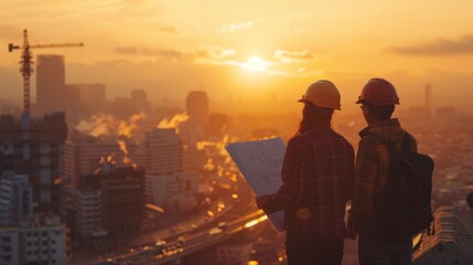 Fototapeta premium Engineers in silhouette, analyzing blueprints in the soft glow of sunset through hazy construction sites.
