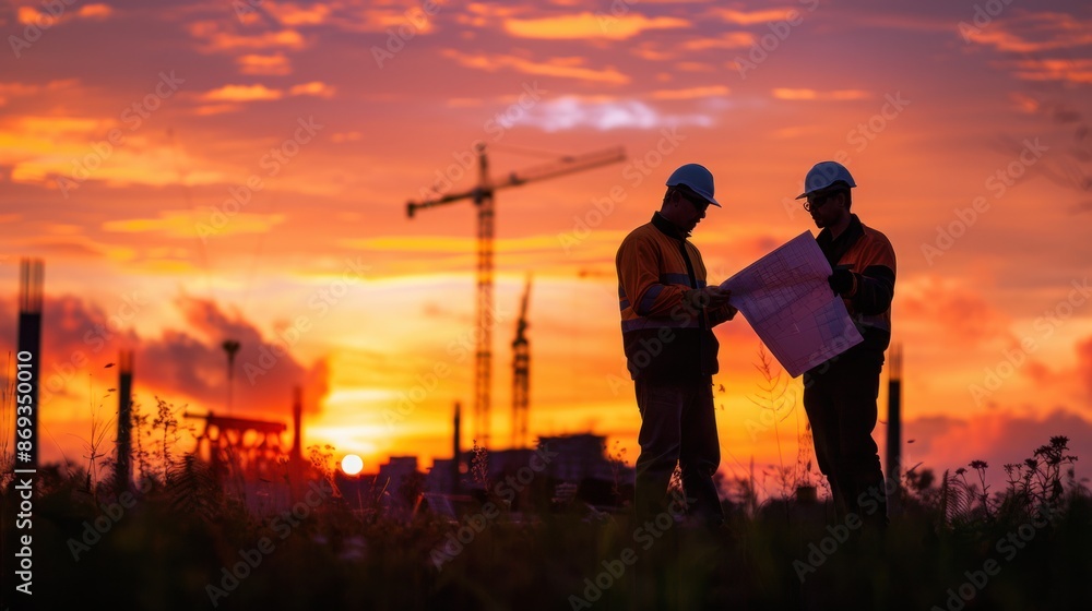 Poster engineers in silhouette, analyzing blueprints in the soft glow of sunset through hazy construction s