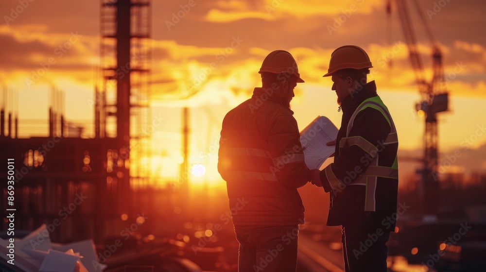 Poster engineers in silhouette, analyzing blueprints in the soft glow of sunset through hazy construction s