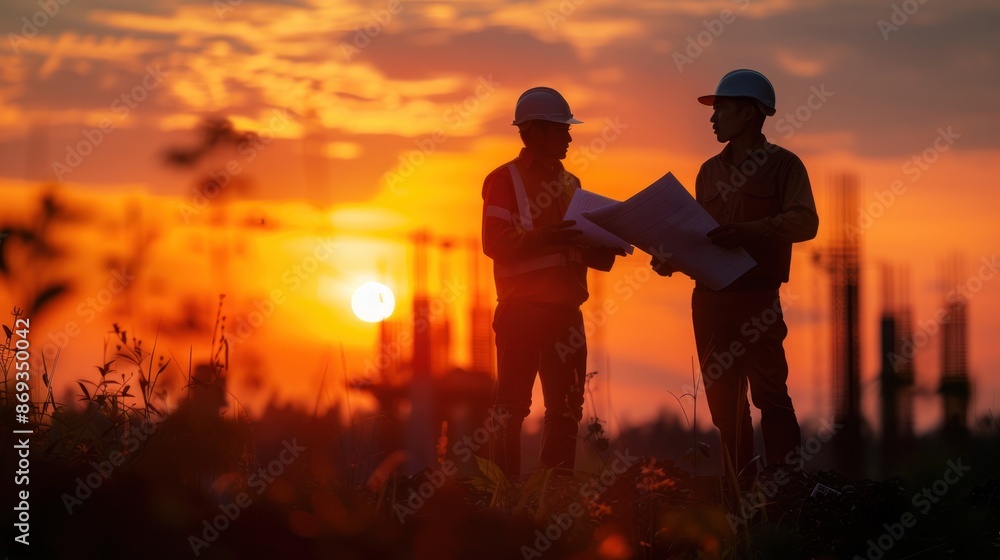 Poster engineers in silhouette, analyzing blueprints in the soft glow of sunset through hazy construction s