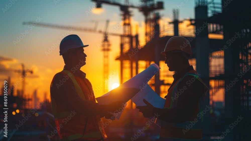Poster engineers in silhouette, analyzing blueprints in the soft glow of sunset through hazy construction s