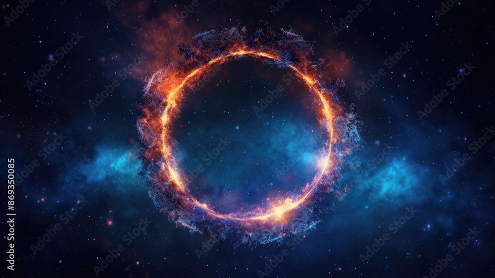 Poster abstract of mysterious geometric shape portal or frame with nebula light release particle or plasma 