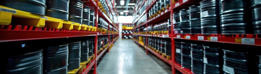 Obraz premium Industrial warehouse with organized shelves filled with metal barrels, creating a focused, high-efficiency environment.