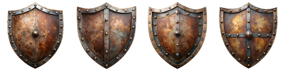 Fototapeta premium Old rusty Iron knight shield isolated on transparent background PNG file