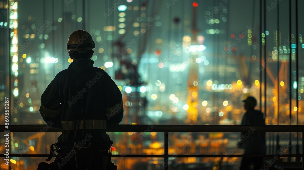 Poster engineers in silhouette, analyzing blueprints in the soft glow of sunset through hazy construction s