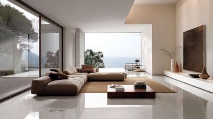 Modern living room with floor-to-ceiling windows offering a stunning ocean view. Stylish furniture and minimalist design enhance the space.