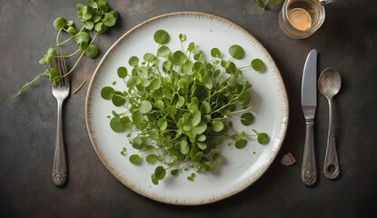 White plate with fresh organic watercress plant, top view, flat lay. Watercress is healthy leafy vegetable rich in vitamins