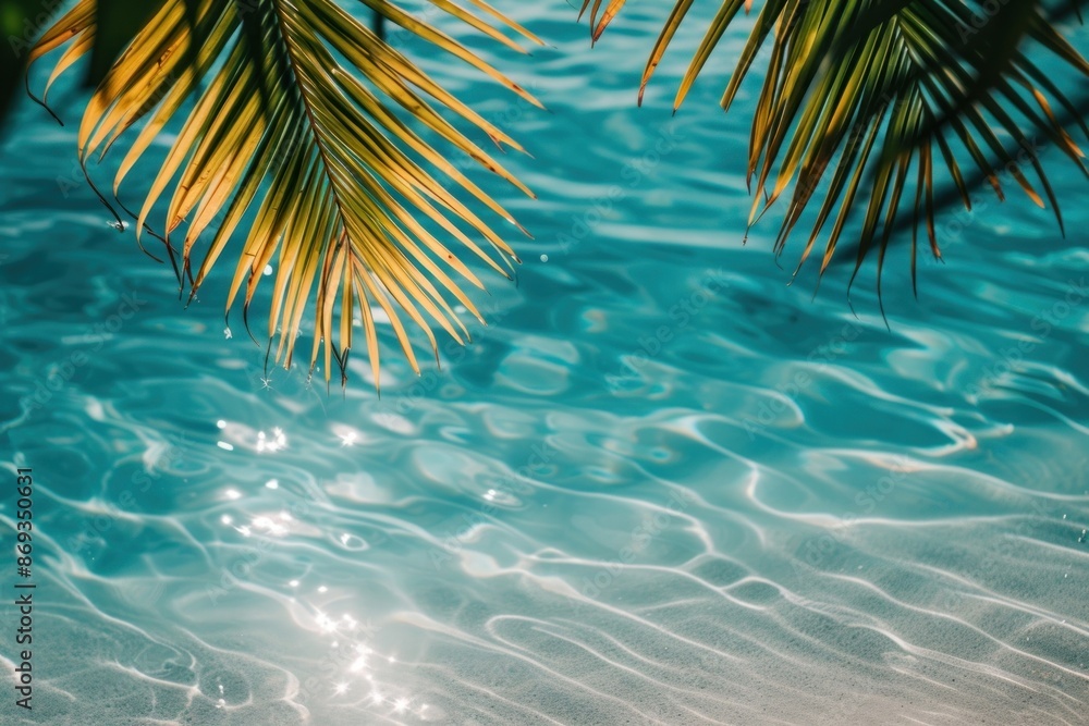 Poster Summer tropical beach background with palm leaves sparkling water reflections summer backgrounds underwater.